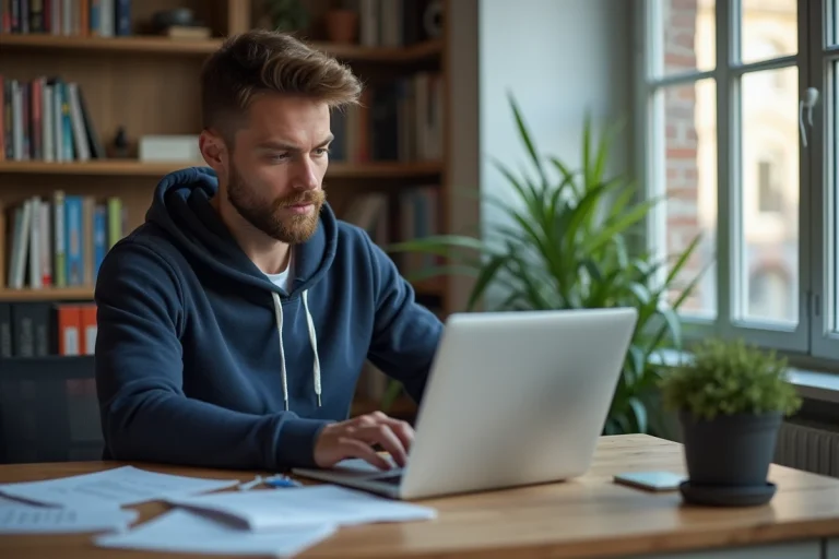 Homme concentré sur son ordinateur dans un bureau moderne