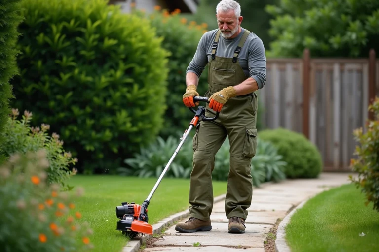 Homme utilisant un coupe-bordure thermique pour délimiter les bordures d'un jardin résidentiel