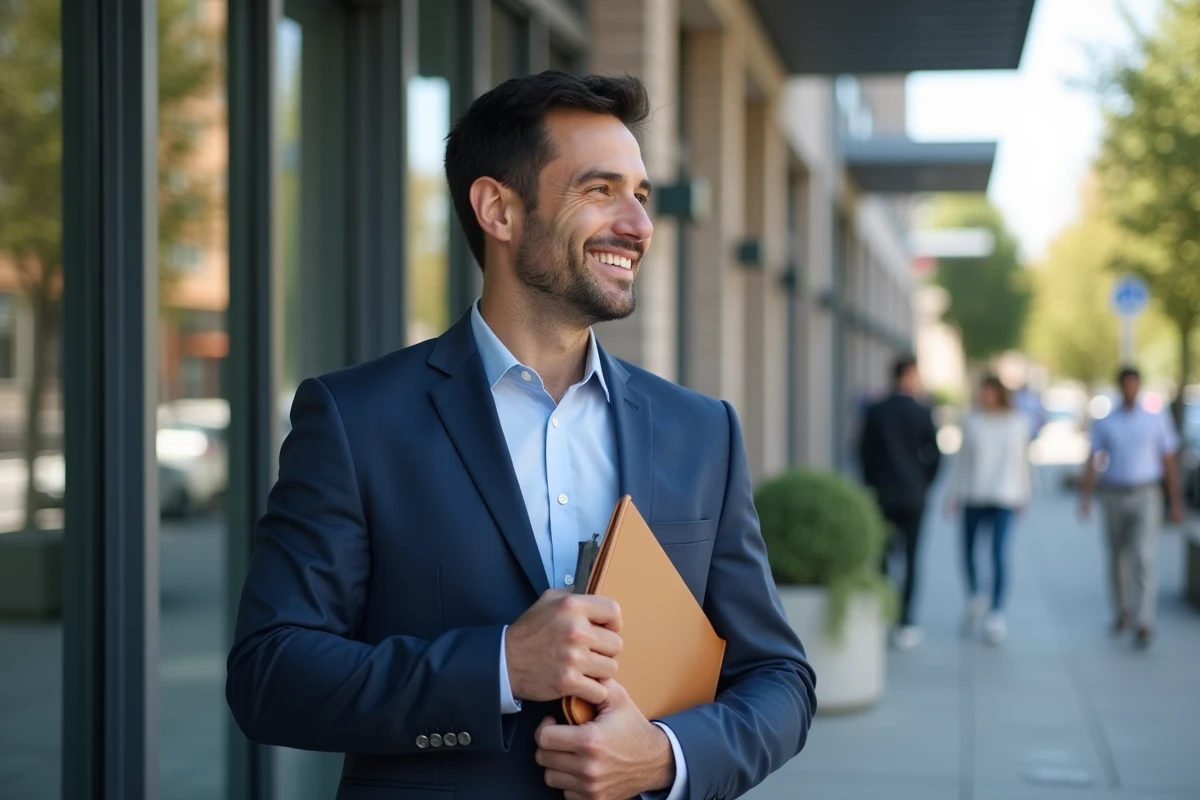 Homme souriant devant un institut dentaire urbain