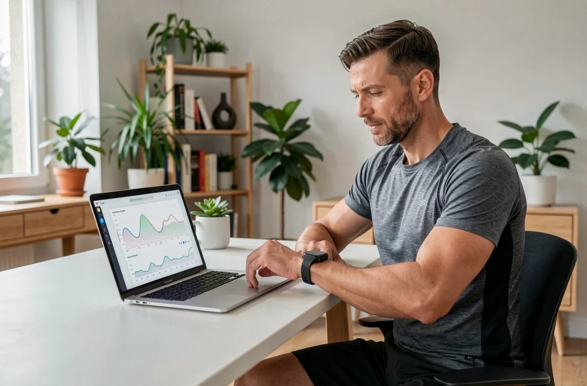 Homme en tenue sportive surveillant sa santé avec une montre connectée à son bureau à domicile