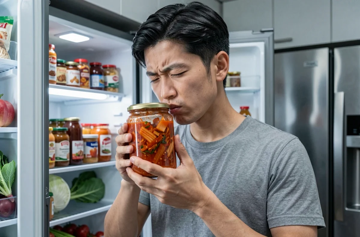 Jeune homme qui sent l'odeur d'un pot de kimchi ouvert devant le réfrigérateur pour vérifier sa fraîcheur