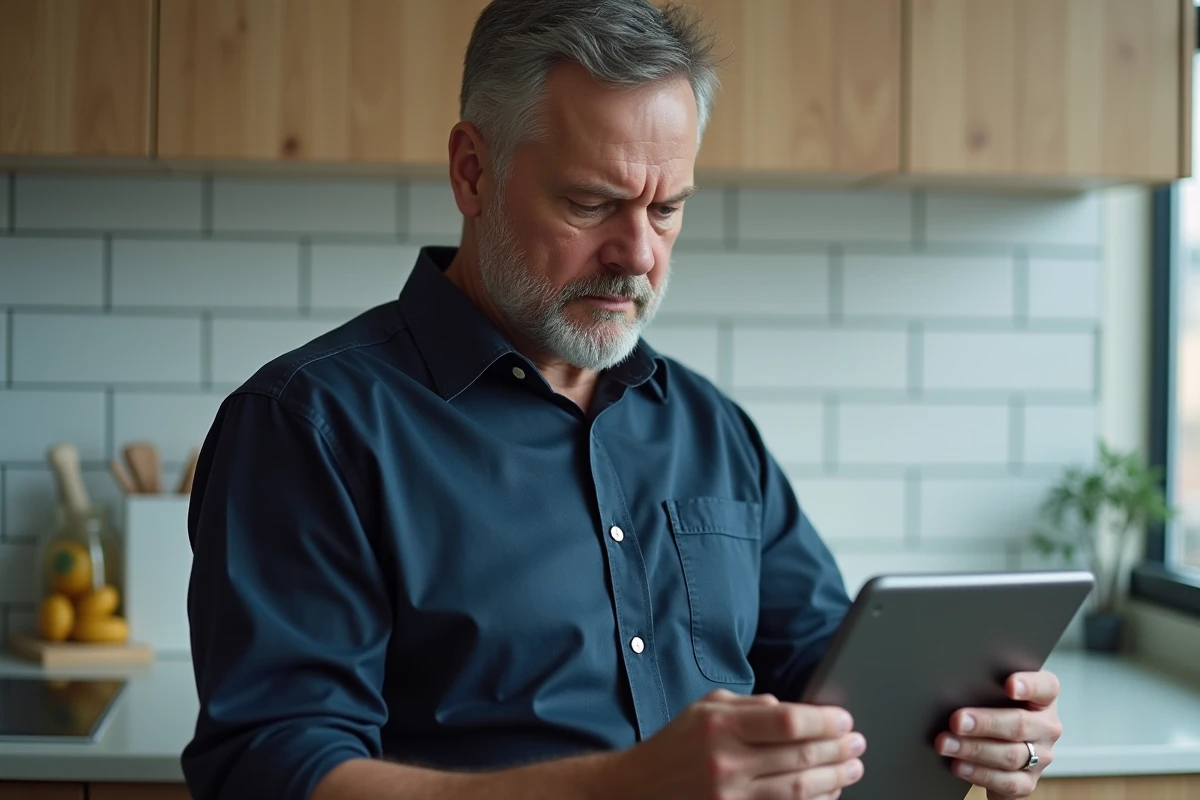 Homme consultant la page d'assistance Roomlala sur une tablette pour trouver le numéro du service client