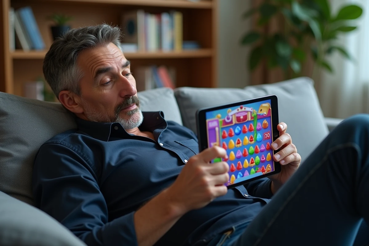 Homme consultant les niveaux d'un jeu mobile de type Candy Crush sur tablette dans un salon moderne