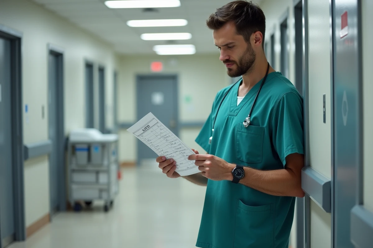 Infirmier en établissement de santé examinant son planning d'horaires en lien avec les primes de la convention 51
