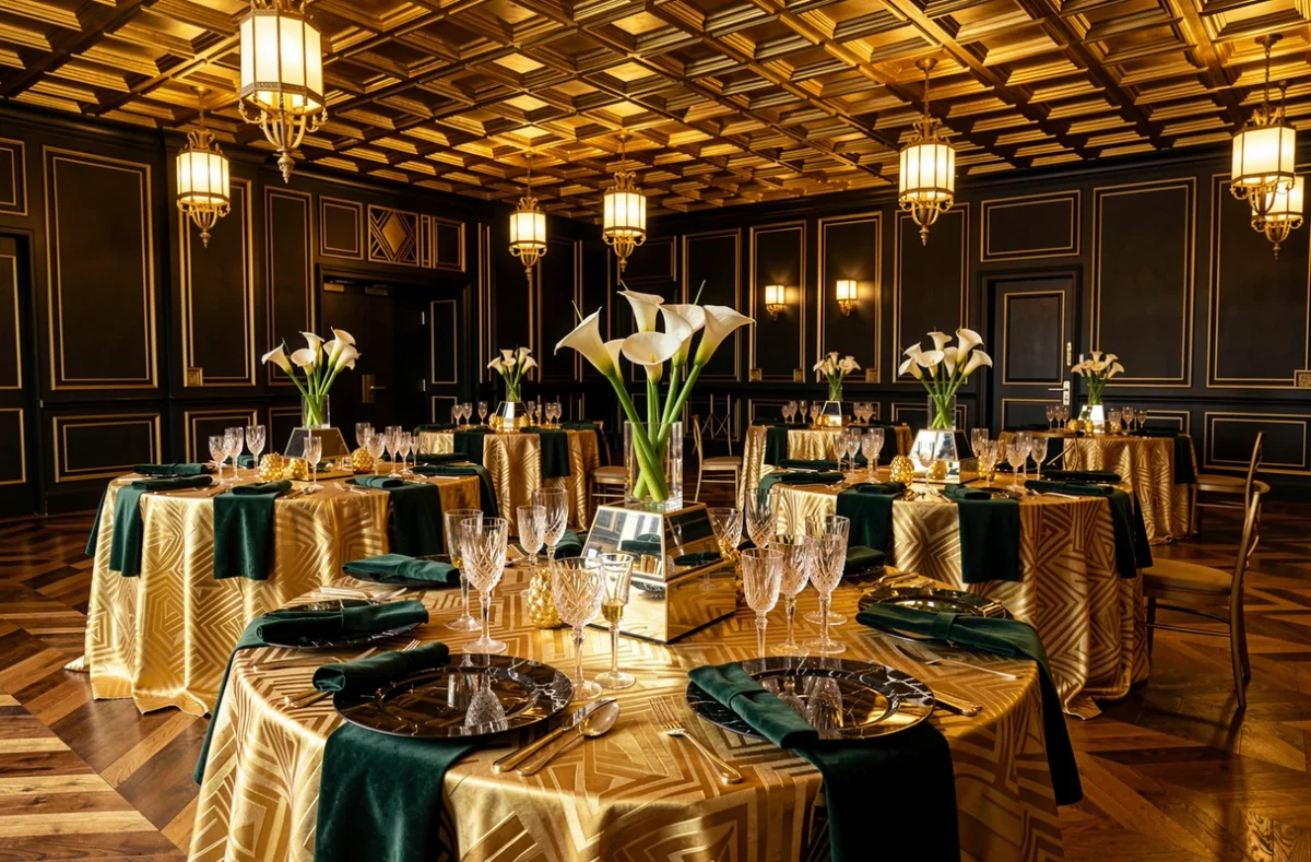 Réception de mariage en salle décorée dans un style Art déco avec des centres de table miroirs, de la vaisselle noire, des dorures et des coupelles en cristal