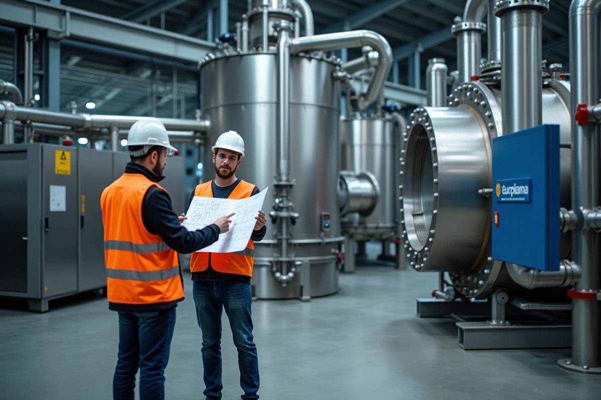 Ingénieurs dans une installation industrielle de technologie plasma, symbolisant les activités industrielles d'Europlasma face aux défis boursiers