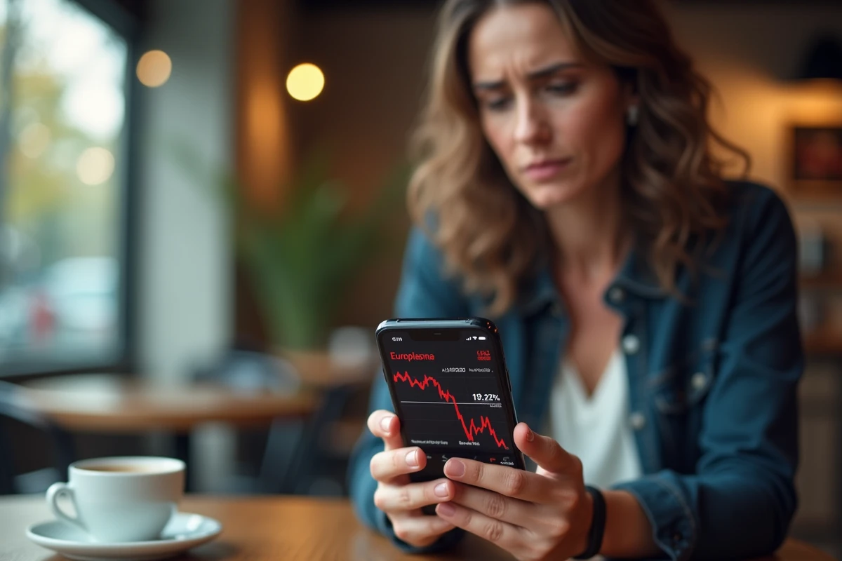 Femme investisseuse consultant une application boursière montrant la chute du cours de l'action Europlasma sur smartphone dans un café