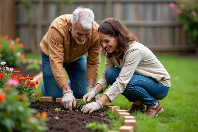 Homme et femme plantant des fleurs dans un jardin