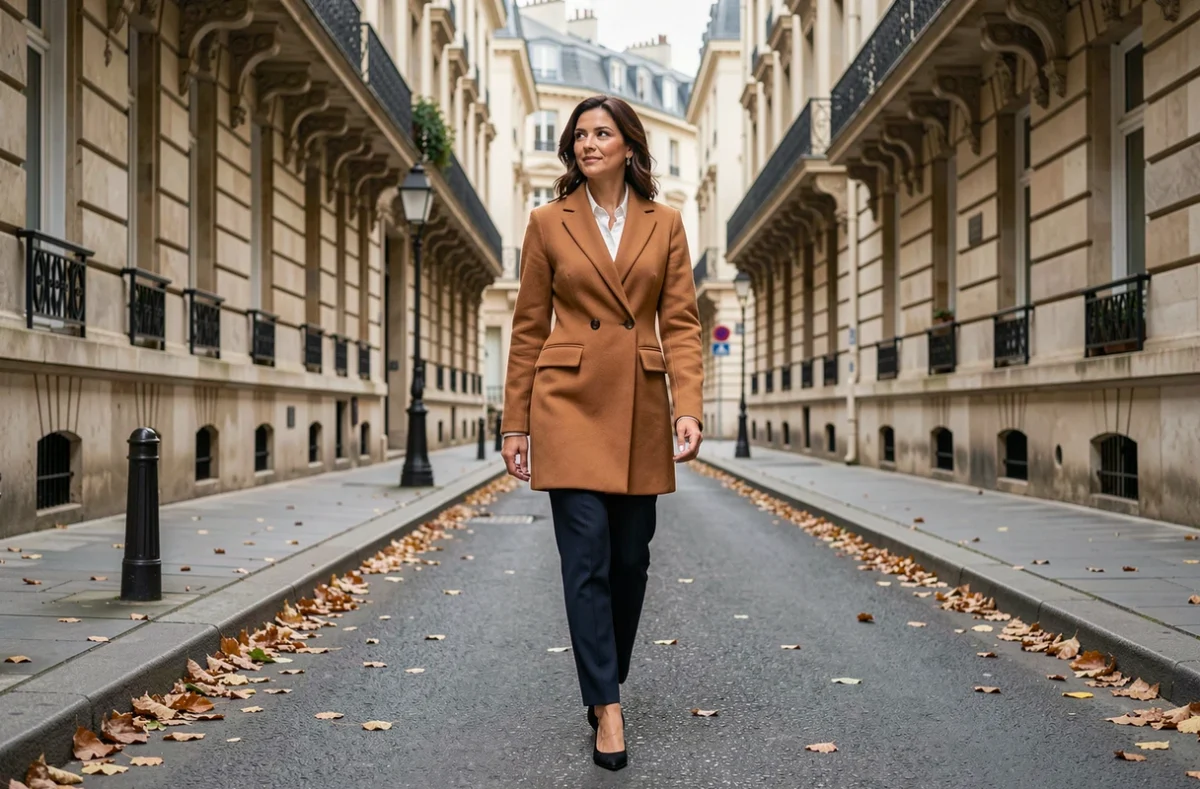 Femme distinguée en manteau camel marchant sur un boulevard parisien en automne, portrait discret évoquant la personnalité de Jeanne Niobé Beausire