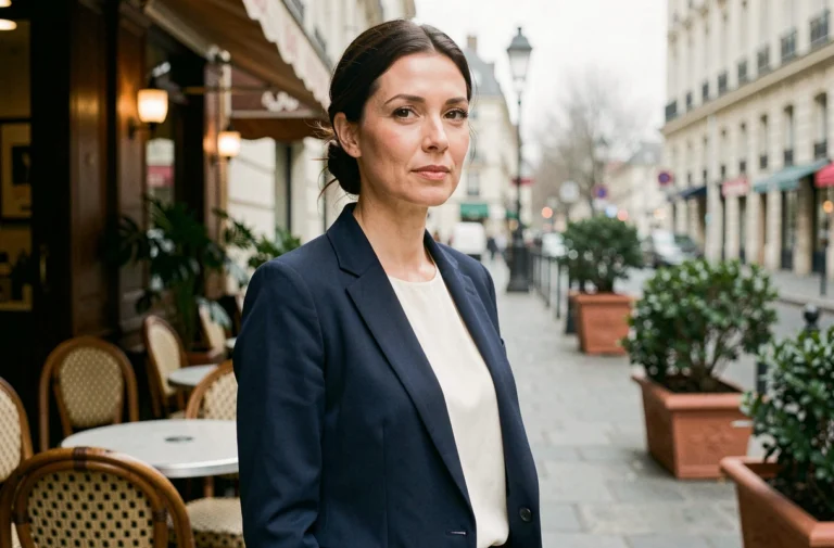 Femme élégante et discrète en veste marine devant une terrasse de café parisien, évoquant le style raffiné de Jeanne Niobé Beausire, épouse de Doc Gyneco