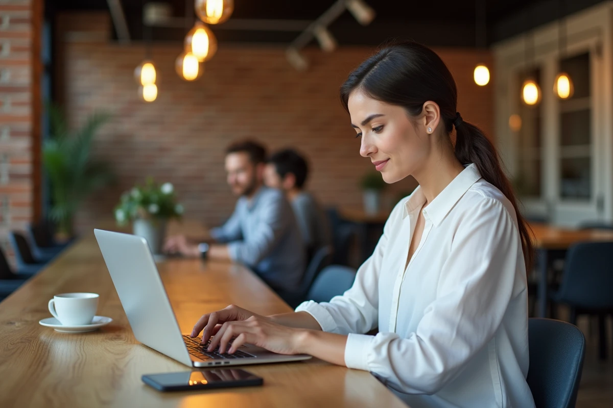 Jeune femme dans un espace de coworking recherchant le contact téléphonique du service client Roomlala sur son téléphone