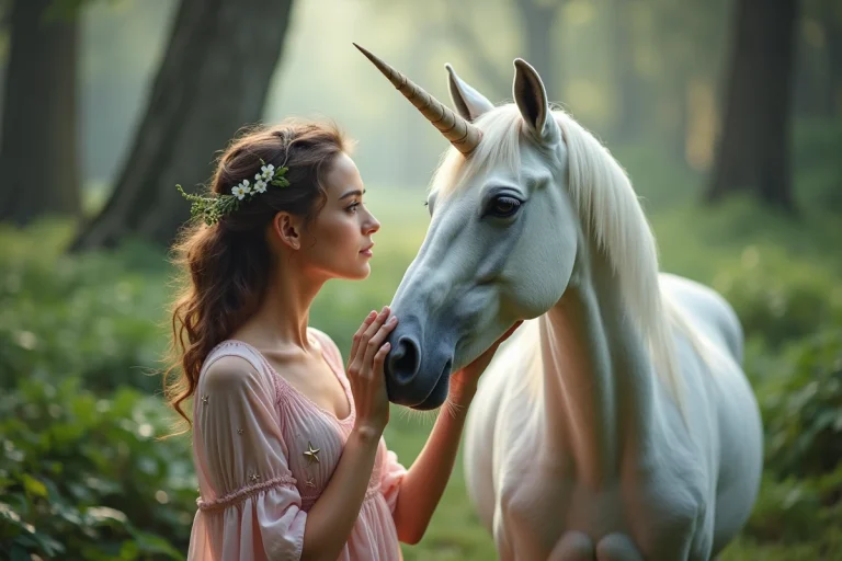 Jeune femme touchant un unicorn blanc dans une foret magique