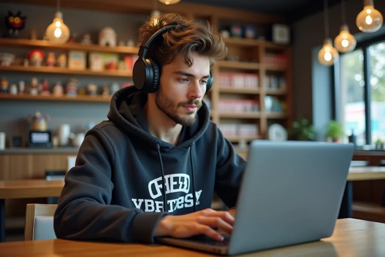 Jeune homme avec hoodie et casque dans un café moderne