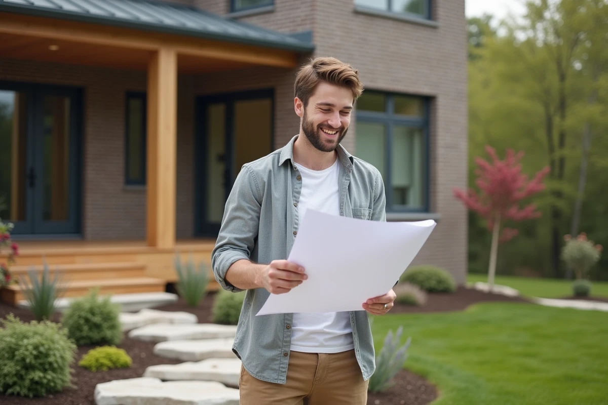 Jeune homme devant sa maison en tenant un plan de sol