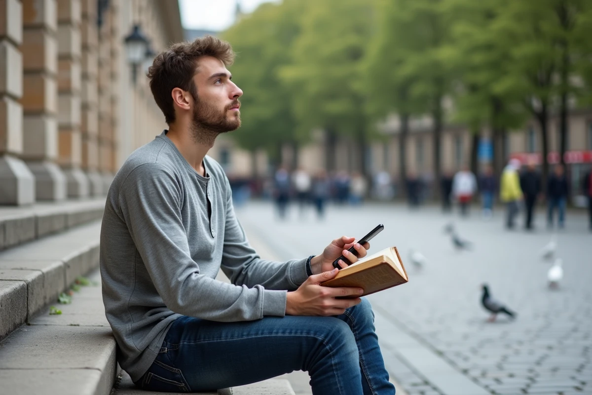 Jeune homme pensif assis sur les marches d'un bâtiment civique avec un livre et un smartphone, symbolisant la réflexion individuelle dans l'espace public