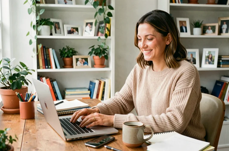 Maman blogueuse travaillant sur son ordinateur portable dans un bureau à domicile chaleureux et organisé