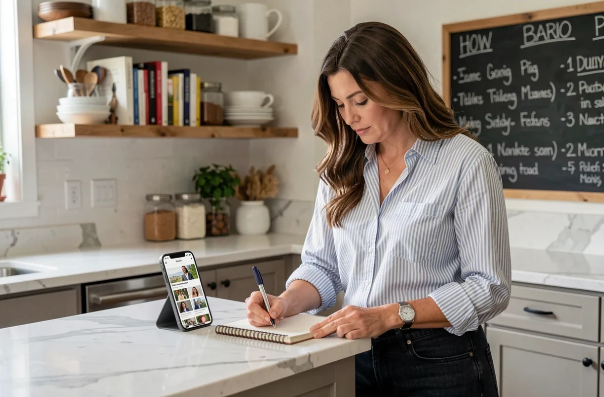 Maman blogueuse prenant des notes dans sa cuisine moderne tout en consultant son téléphone pour des idées de contenu
