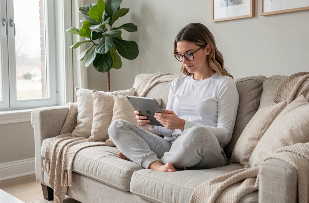 Jeune maman consultant des ressources pour blogueuses sur sa tablette dans son salon confortable