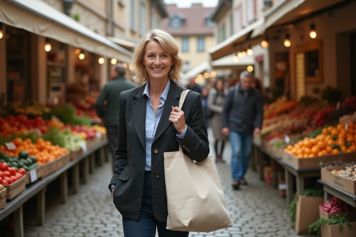 Femme faisant ses courses au marche local d'une commune du Rhin illustrant les services de proximite de la communaute de communes