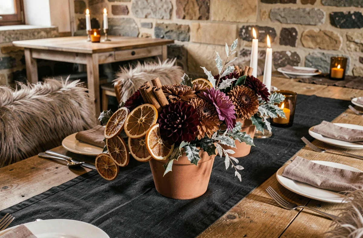 Décoration de mariage automnal et hivernal avec dahlias bordeaux, chrysanthèmes bronze, rondelles d'orange séchées et couvertures en fourrure