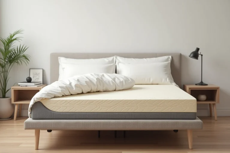 Matelas en latex naturel sur un lit électrique articulé dans une chambre scandinave moderne aux tons clairs