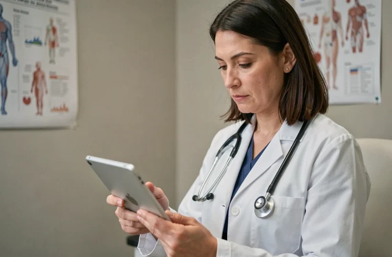 Médecin femme consultant des données de santé numériques sur une tablette dans un cabinet médical moderne