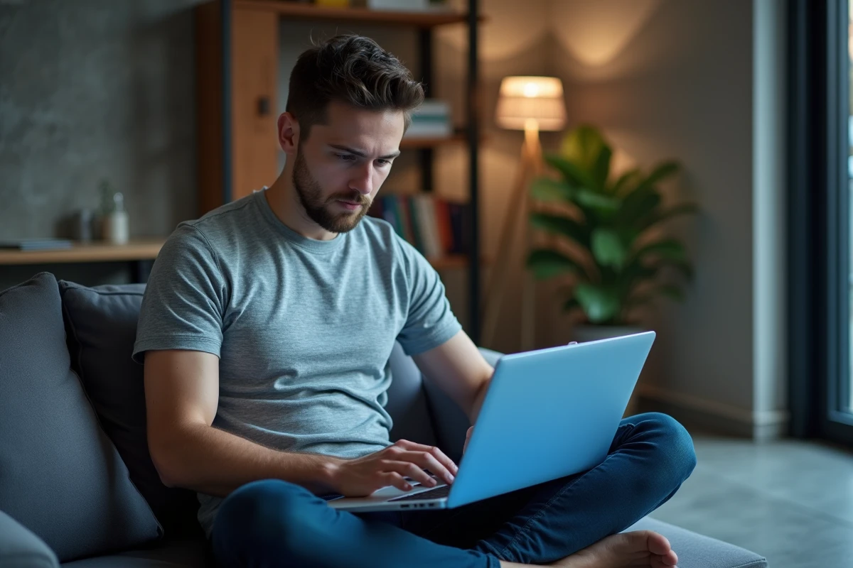 Jeune freelance naviguant sur une plateforme de jobbing pour trouver des micro-missions qualifiées depuis son appartement