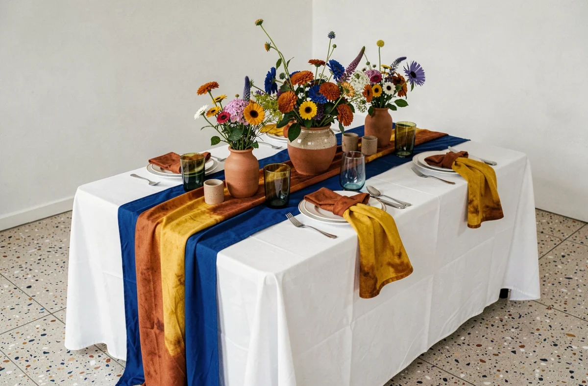 Décoration de table de mariage avec une palette de couleurs vives et contrastées associant bleu cobalt, terracotta et jaune moutarde