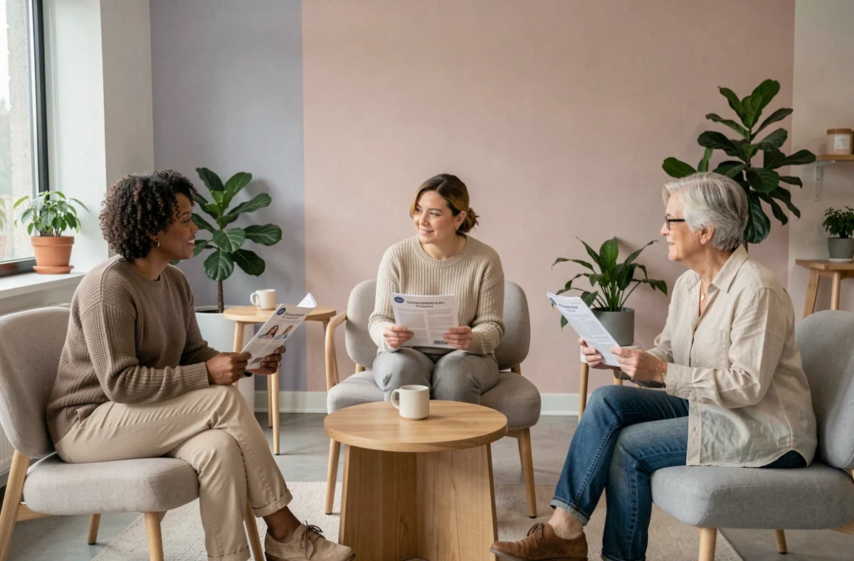 Groupe de patients adultes discutant dans une salle d'attente de clinique de bien-être moderne