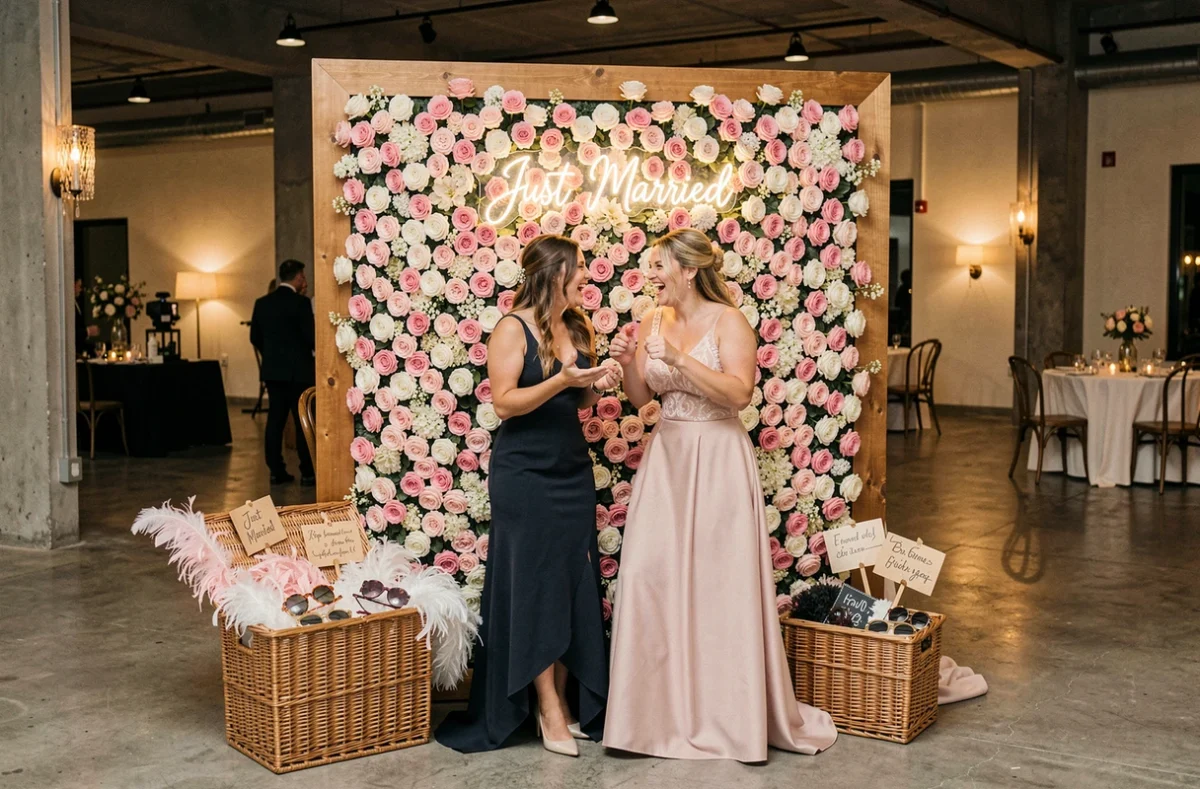 Photobooth de mariage avec mur de fleurs roses et blanches, enseigne néon 'Just Married' et accessoires vintage pour les invités