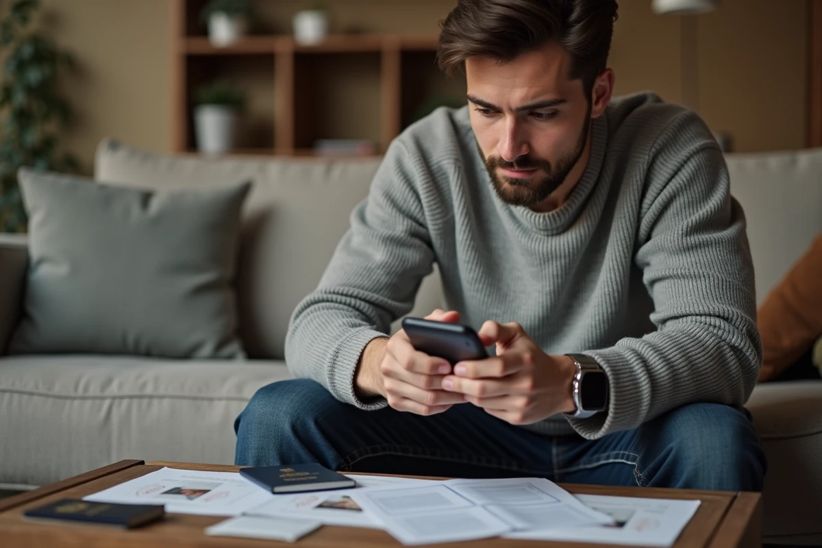 Jeune homme prenant rendez-vous en ligne pour son passeport depuis son téléphone
