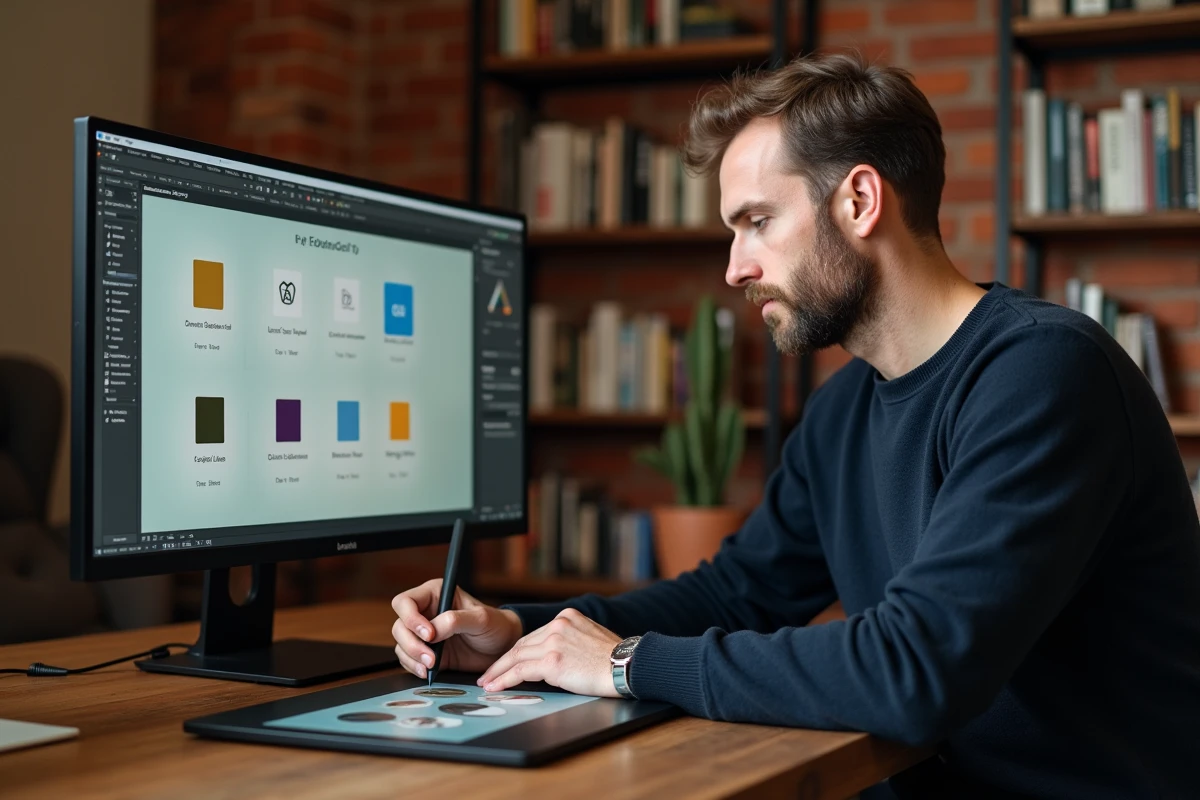 Designer graphique indépendant travaillant sur l'identité visuelle d'une petite entreprise locale depuis son studio à domicile