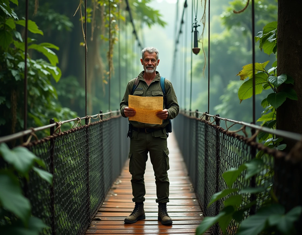 Randonneur masculin sur un pont suspendu en pleine jungle tropicale au Costa Rica