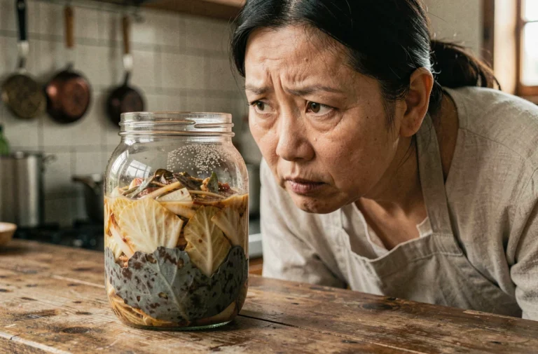 Femme inspectant un pot de kimchi abîmé posé sur un comptoir en bois dans une cuisine familiale