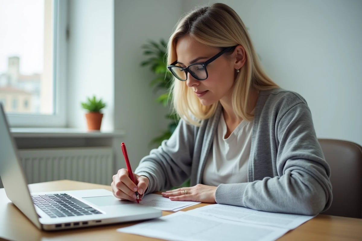 Relectrice éditrice travaillant à domicile pour corriger et améliorer des contenus textuels générés par intelligence artificielle