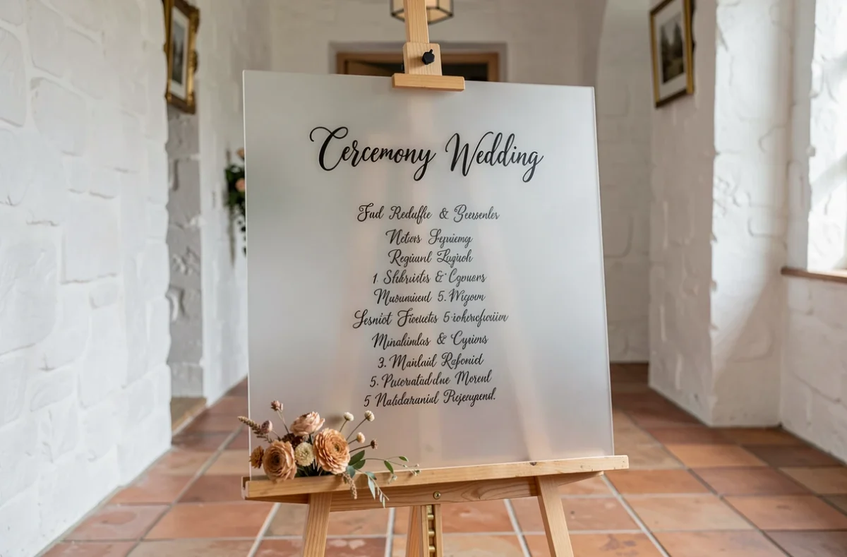 Signalétique de mariage personnalisée en plexi givré avec calligraphie manuscrite posée sur un chevalet en bois naturel