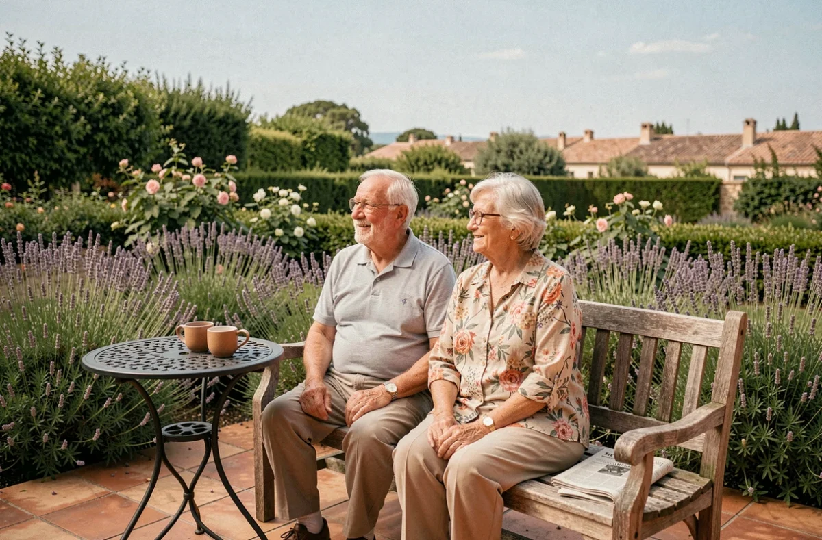 Deux résidents âgés profitant de la terrasse extérieure d'un EHPAD provençal près de Toulon