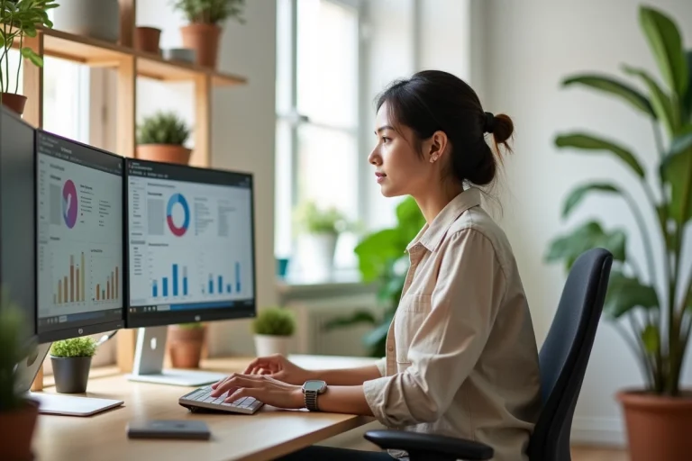 Femme travaillant depuis chez elle dans un bureau moderne avec plusieurs écrans, symbolisant le télétravail innovant et la génération de revenus alternatifs