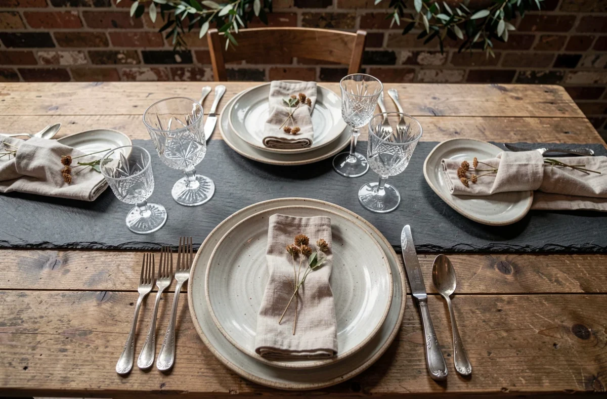Vaisselle scénographique coordonnée avec assiettes en céramique artisanale, verres en cristal et couverts vintage sur une table de mariage