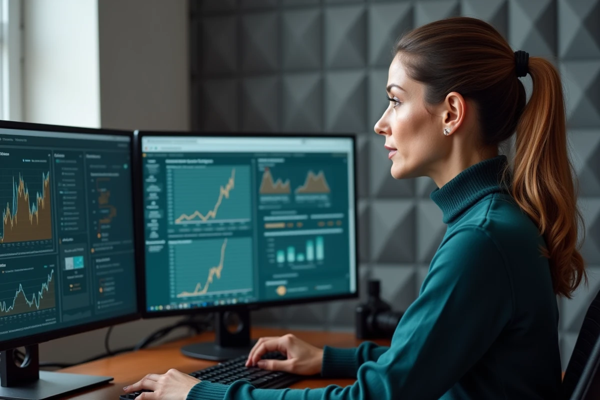 Consultante en veille sectorielle analysant des sources d'informations spécialisées depuis son bureau professionnel à domicile
