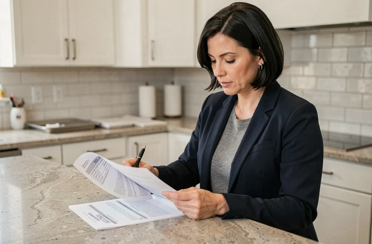 Propriétaire vérifiant les contrats et devis de travaux immobiliers dans une cuisine rénovée