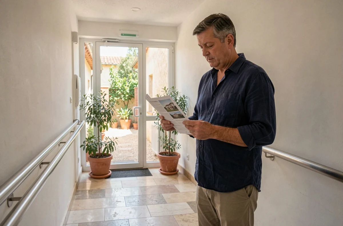 Un proche visitant un EHPAD à Toulon, consultant un livret d'accueil dans le couloir de l'établissement